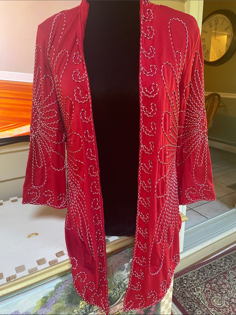One Again Red Beaded Open-Front Kimono Style Cardigan
